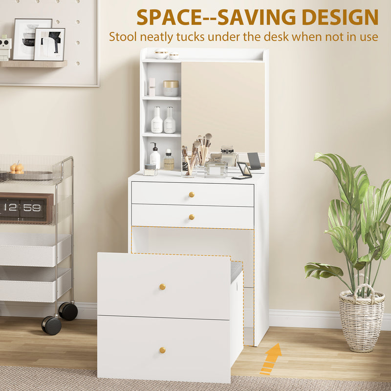 Dressing Table Set with Mirror and Storage Stool for Small Bedrooms White