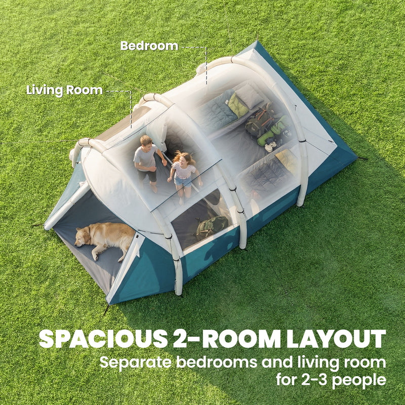 Inflatable 2 Room Camping Tent for Fast 5 Minute Setup Waterproof for 2 to 3 People Green White