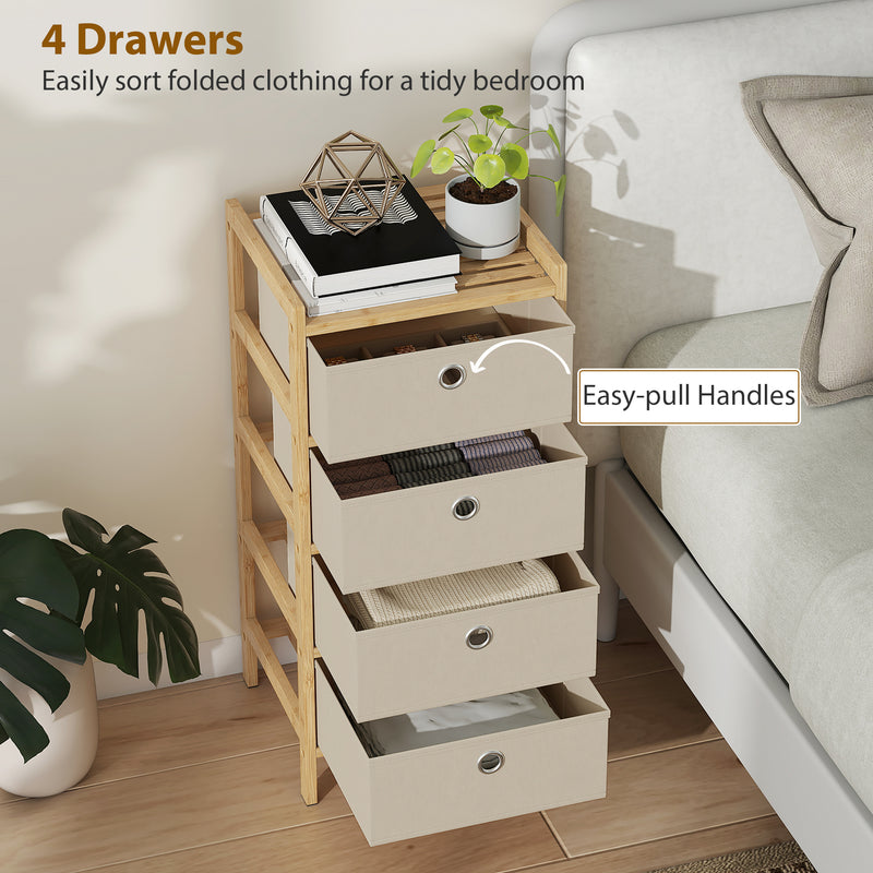 Slim Chest of Drawers for Organised Bedroom Storage with Bamboo Frame and Four Fabric Drawers Cream White AOSOM