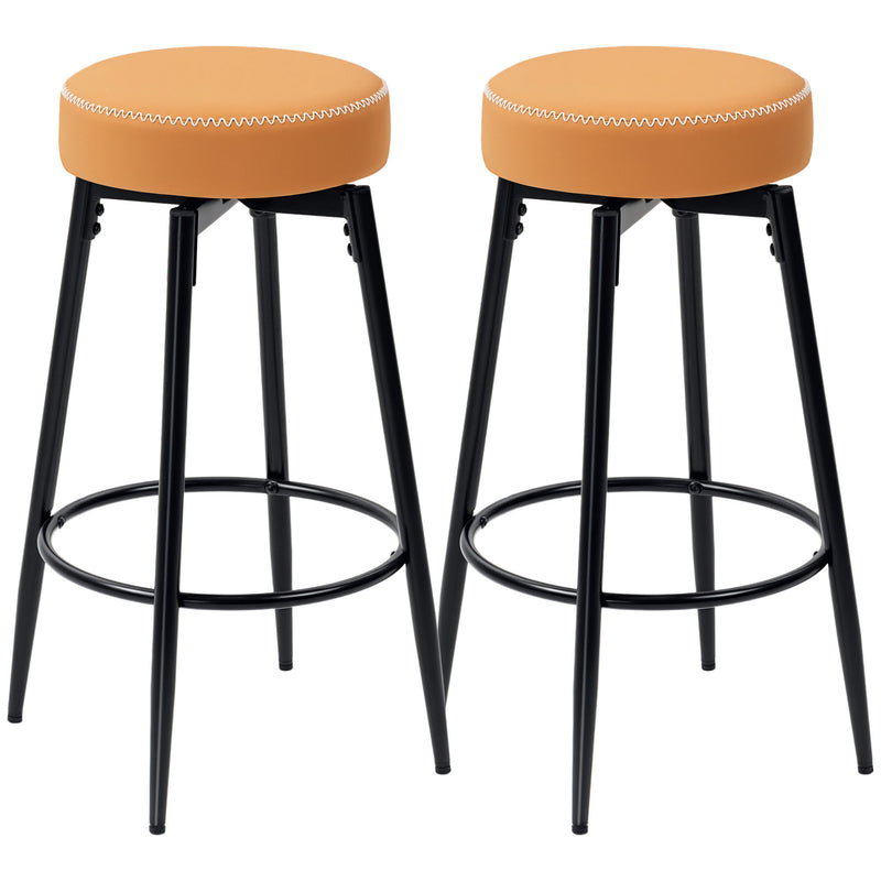 Pair of Adjustable Faux Leather Bar Stools with Footrest for Home Bar or Kitchen, Brown Seat With Black Legs