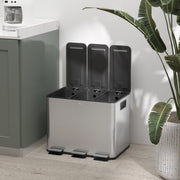 Kitchen Pedal Bin with Three Compartments for Easy Waste and Recycling Sorting Silver Tone AOSOM