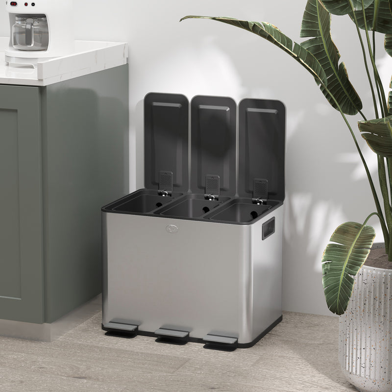 Kitchen Pedal Bin with Three Compartments for Easy Waste and Recycling Sorting Silver Tone AOSOM