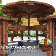 Wooden Garden Dining Set for 8 with Round Table and Benches Parasol Hole, Carbonised Wood Outsunny