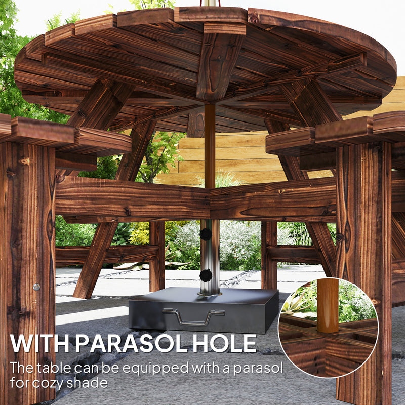 Wooden Garden Dining Set for 8 with Round Table and Benches Parasol Hole, Carbonised Wood Outsunny