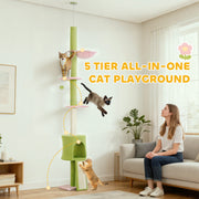 Adjustable Floor to Ceiling Cat Tree with Hammock Condo and Scratching Posts Green AOSOM