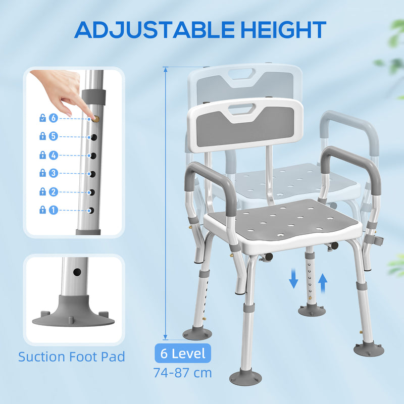 Height Adjustable Shower Chair with Backrest and Armrests for Elderly and Disabled, Light Grey