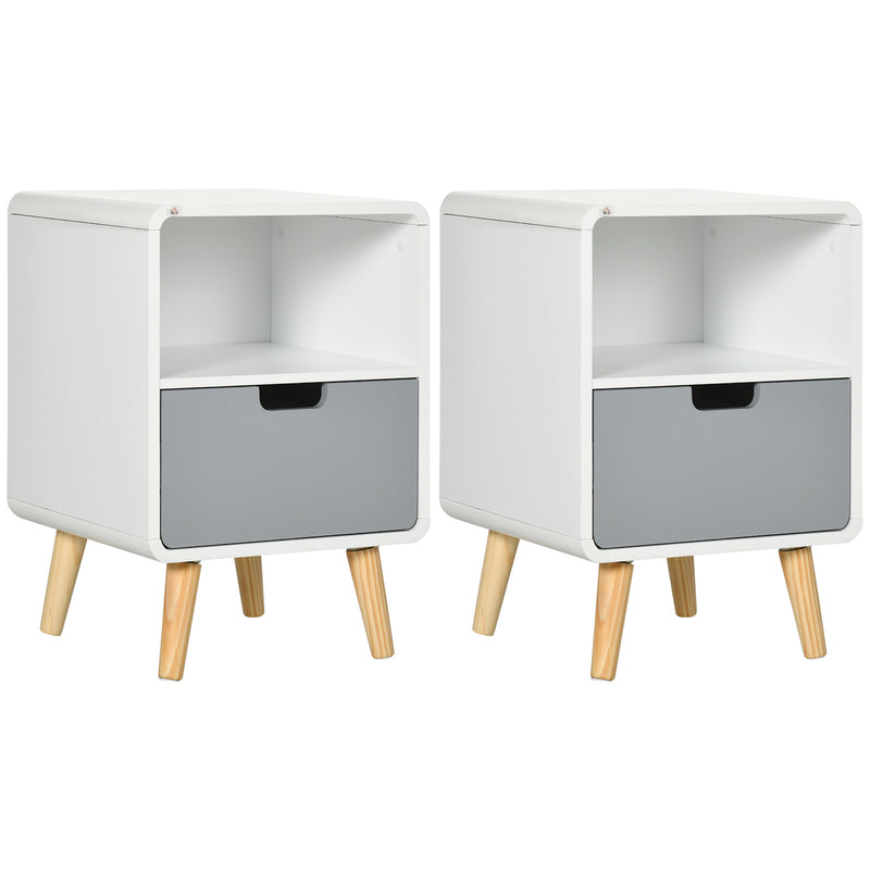 Set of 2 Wooden Bedside Tables With Drawer for Bedroom Storage Scandinavian Style White
