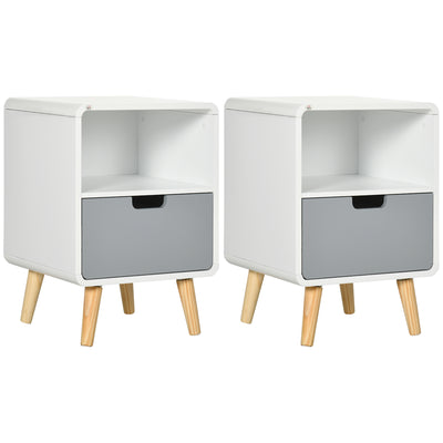 Set of 2 Wooden Bedside Tables With Drawer for Bedroom Storage Scandinavian Style White