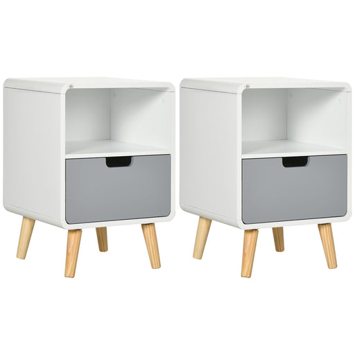 Set of 2 Wooden Bedside Tables With Drawer for Bedroom Storage Scandinavian Style White