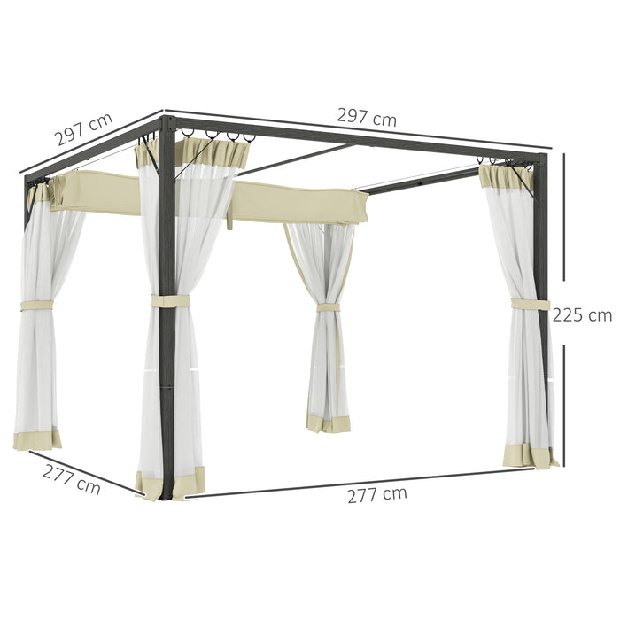 3 x 3m Aluminium Retractable Pergola with Khaki Roof and Curtains by Outsunny