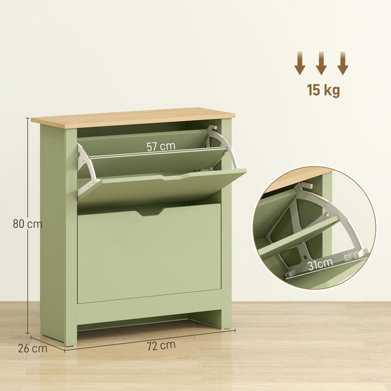 Green Slim Shoe Cabinet with 2 Flip Drawers and Adjustable Shelves for Hallway Storage 72x26x80cm