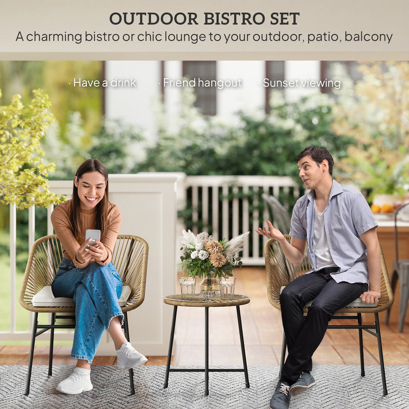 3 Piece Rattan Bistro Set with Cushions and Glass Top Table for Garden and Patio by Outsunny