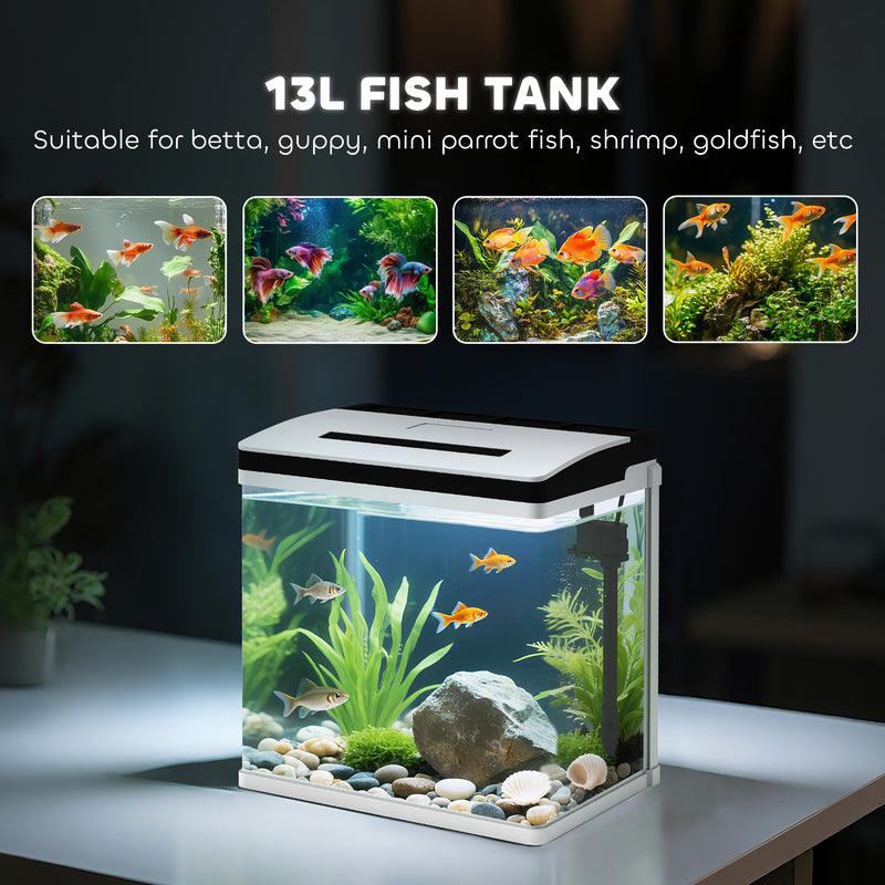 13L Glass Fish Tank with Filter and LED Light Ideal for Betta and Shrimp Black