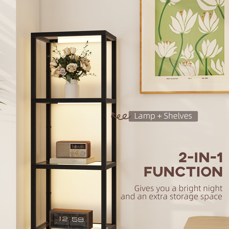 Tall LED Floor Lamp With Glass Shelves And Dimmable Light For Living Room, Black