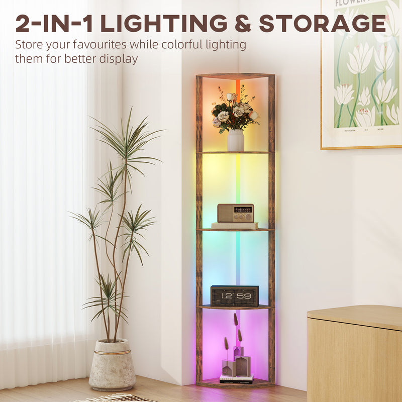 RGB LED Floor Lamp with Remote Control and Shelves for Living Room or Bedroom Rustic Brown