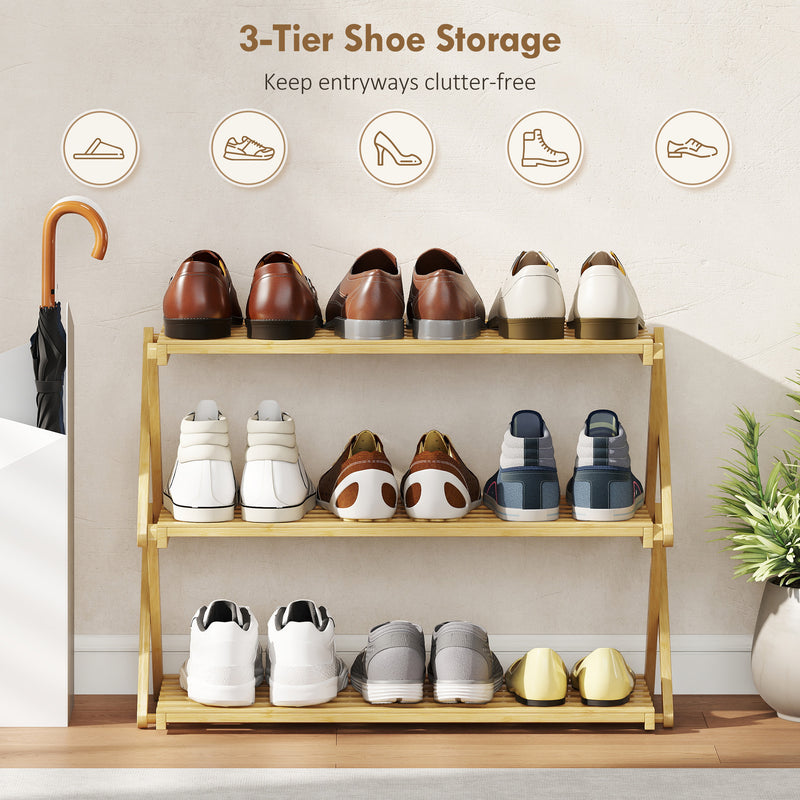 Three Tier Bamboo Shoe Rack Space Saving Foldable Storage Shelf Unit Natural Finish