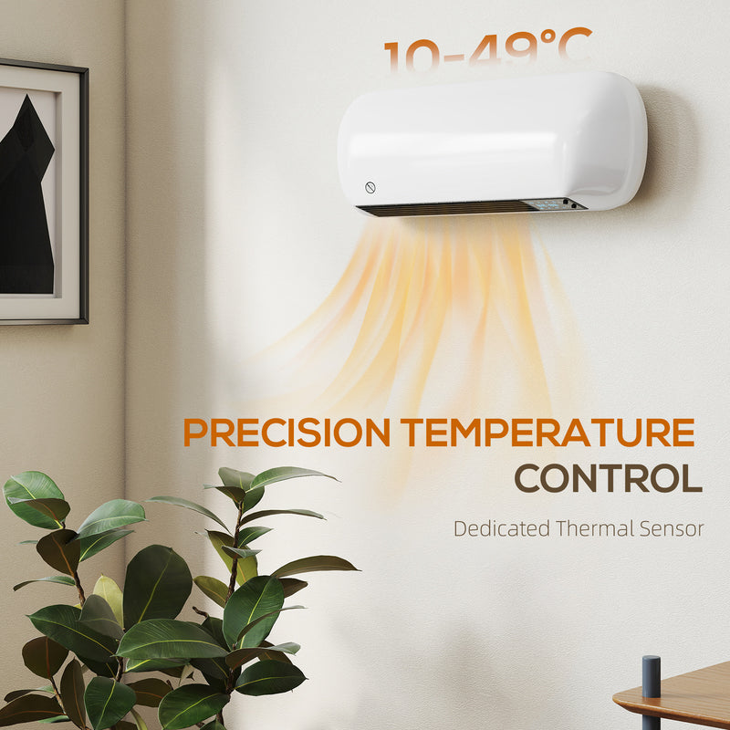 2000W Wall Mounted Ceramic Electric Heater With Fan and Thermostat Control, White