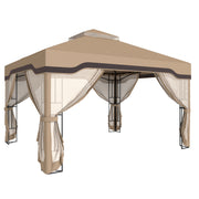 3x3.6m Metal Garden Gazebo with Mesh Sides for Shade and Insect Protection Double Roof, Khaki Outsunny