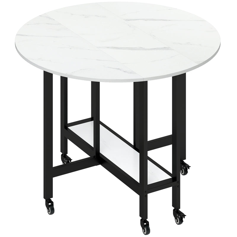 Folding Dining Table with Storage Shelf and Wheels for Small Spaces White Marble Homcom