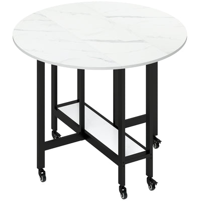 Folding Dining Table with Storage Shelf and Wheels for Small Spaces White Marble Homcom