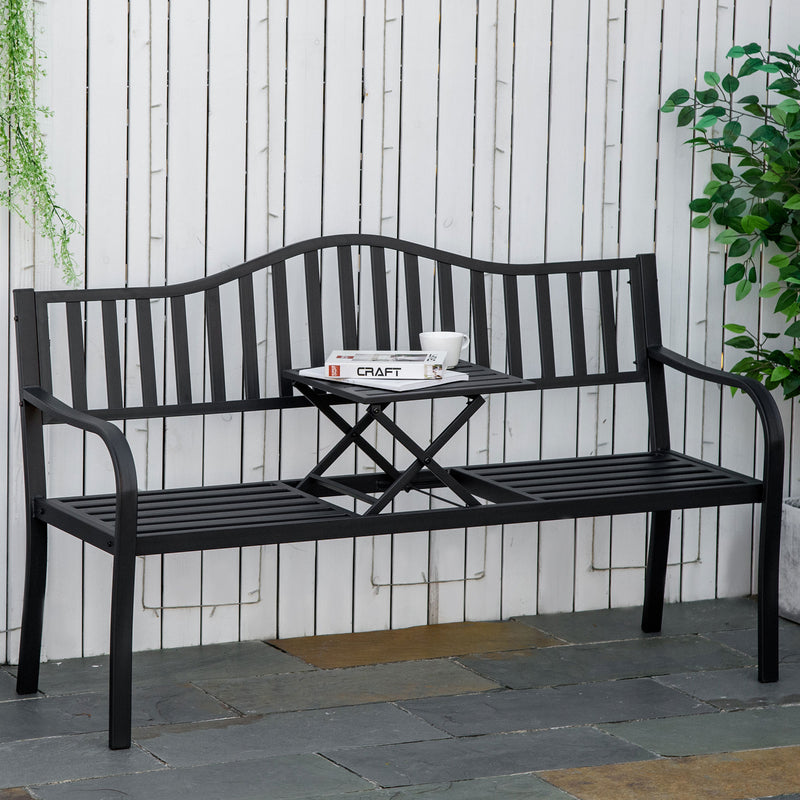 Outdoor Metal Bench with Pull-Out Centre Table for Garden or Patio Seating Black Outsunny