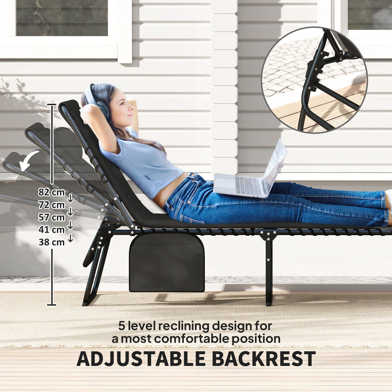 Set of 2 Black Folding Sun Loungers with Reclining Design and Side Pockets by Outsunny