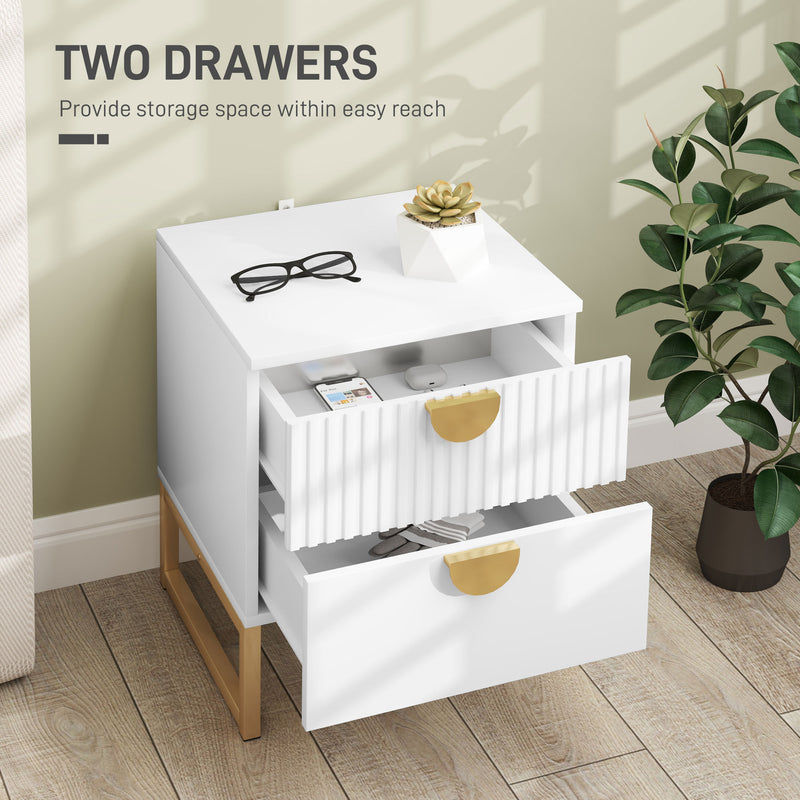 White 2 Drawer Bedside Table with Gold Legs Elegant Design by HOMCOM