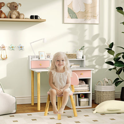 Pink Kids Study Desk and Chair Set with Hutch Storage Drawer and Shelves by AIYAPLAY