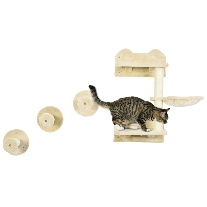 Wall Mounted Cat Tree with Scratching Post for Indoor Cats 4 Piece Space Saving Set Beige