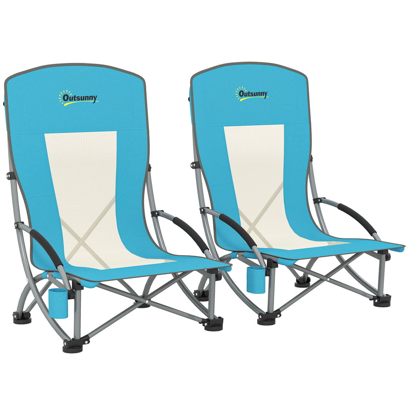 Set of 2 Blue Folding Beach Chairs with Mesh Back Carry Bag and Cup Holder for Camping