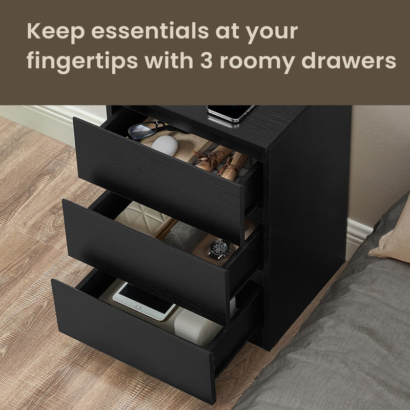 Bedside Table with Charging Station and 3 Drawers for Bedroom or Living Room by Vasagle