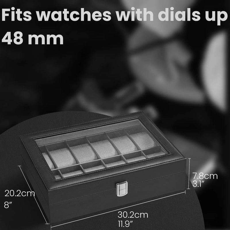 12 Slot Watch Box Organiser with Glass Lid and Removable Cushions for Display by Songmics