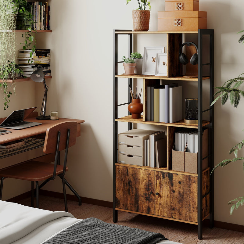 Large Wooden Bookcase with Doors and 4 Adjustable Shelves for Home Storage by Vasagle