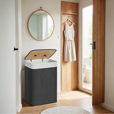 Foldable Bamboo Laundry Hamper with Lid 72L Storage Basket with Three Handles by Songmics