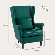 Dark Green Velvet Wingback Armchair With High Back And Pillow For Living Room Comfort