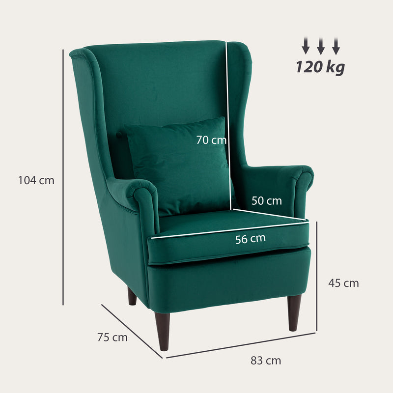 Dark Green Velvet Wingback Armchair With High Back And Pillow For Living Room Comfort