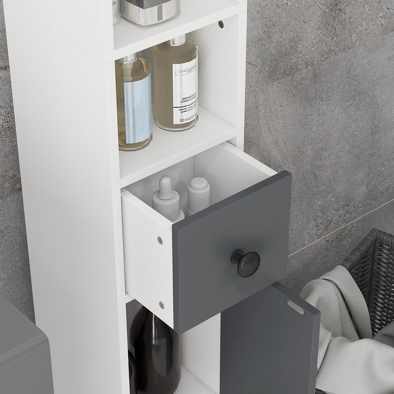 Slim Tall Bathroom Cabinet with Drawers Shelves and Cupboards for Storage Grey