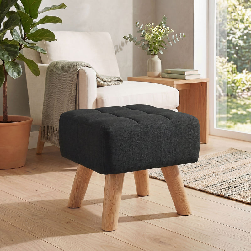HOMCOM Linen-Look Square Padded Footstool - Black AOSOM