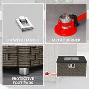 Grey Rattan Gas Fire Pit Table with Lid 13KW Outdoor Patio Heater and Coffee Table