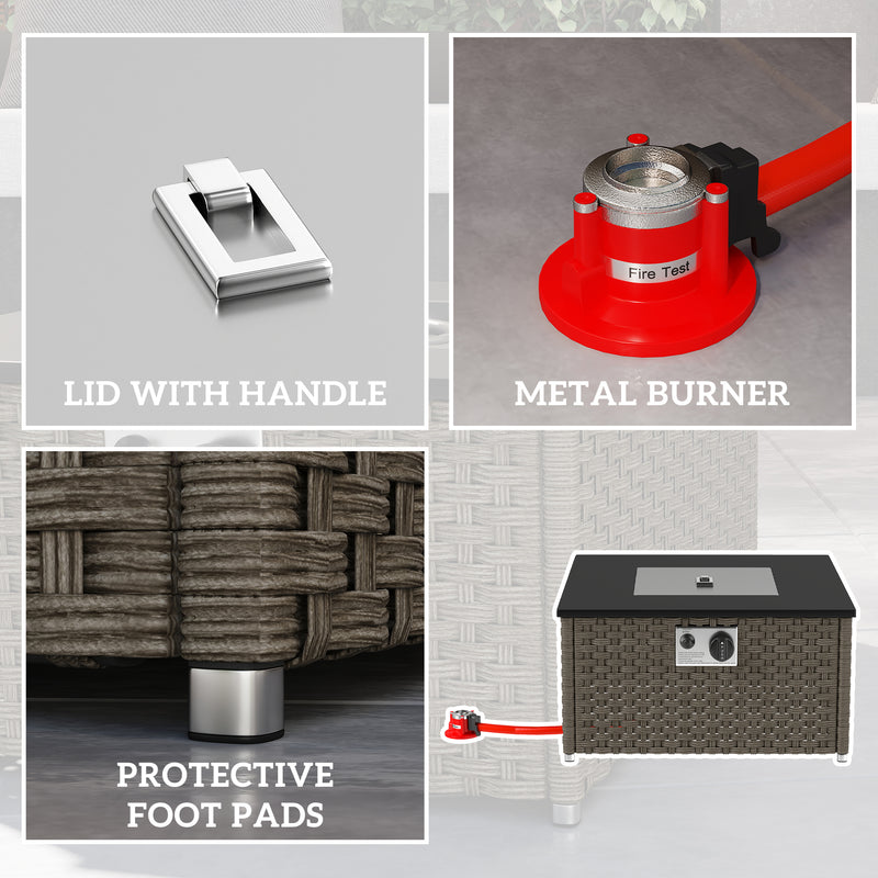 Grey Rattan Gas Fire Pit Table with Lid 13KW Outdoor Patio Heater and Coffee Table