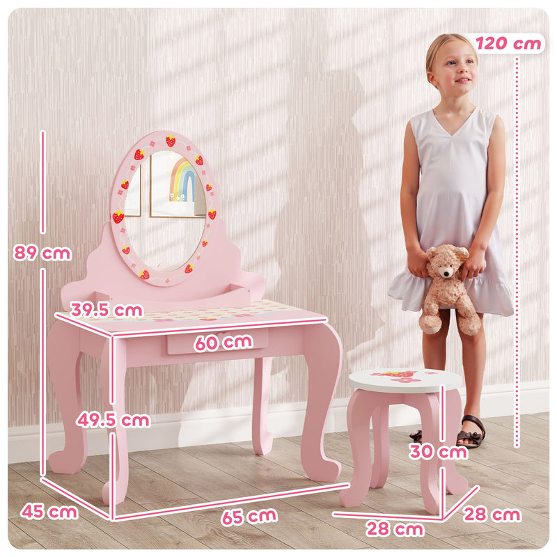 Pink Kids Dressing Table Set With Stool Mirror and Storage Strawberry Theme by AIYAPLAY
