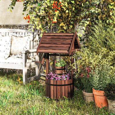 Outsunny Wood Wishing Well for Outside with Hanging Bucket, Wishing Well Planter with Drain Hole for Garden Patio, Carbonized AOSOM