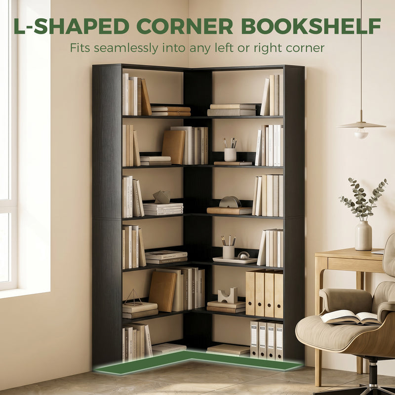 Tall Corner Bookcase with 7 Shelves for Space Saving Storage Black Wood Effect