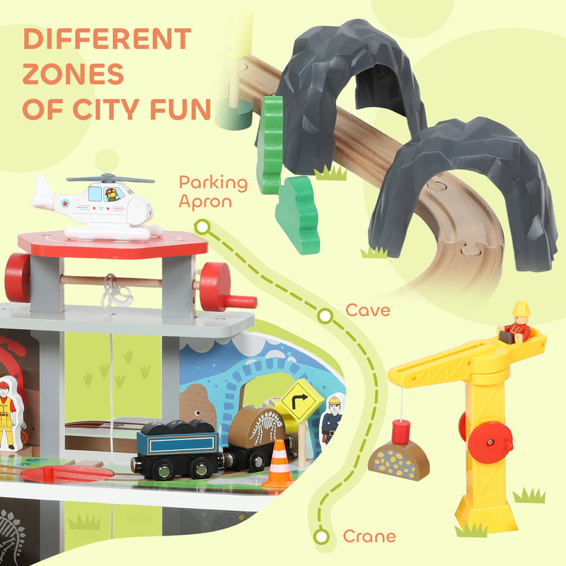 79 Piece Wooden Train Set with Crane and Helicopter Fun Mine Themed Track for Kids, Natural AOSOM