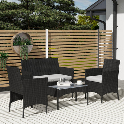4pc Rattan Garden Furniture Conversation Set with Cushions and Tempered Glass Table for Outdoor Relaxing Outsunny
