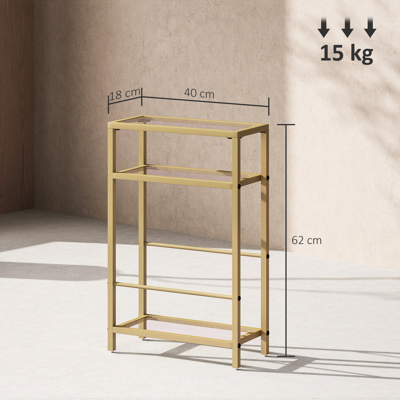 Gold 3 Tier Narrow Side Table with Glass Top and Storage Shelf for Small Spaces by Homcom