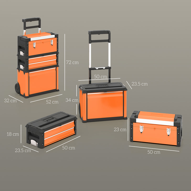 3 in 1 Stackable Rolling Tool Box Orange With Wheels For Easy Garage Organisation