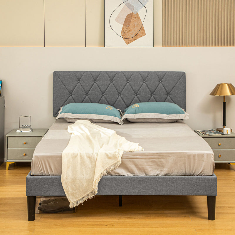 Grey Double Bed Frame with Adjustable Linen Headboard and Wooden Slats by HOMCOM