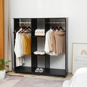 Black Double Open Wardrobe With 6 Wheels And Shelves For Mobile Bedroom Storage