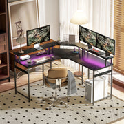 Black L Shaped Work Desk with LED Lights for Home Office by HOMCOM